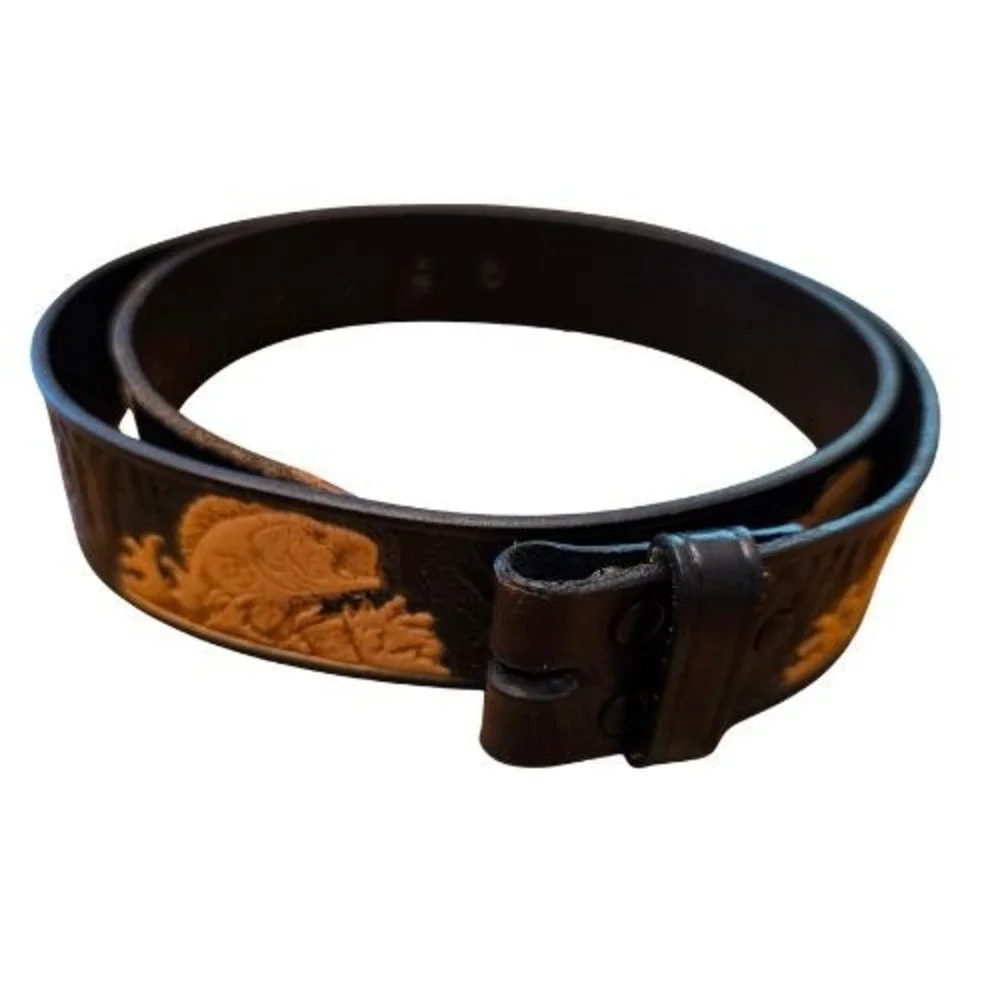 Mens Black Top Grain Leather Fishing Bass Embossed Belt Sz 42 44 No Buckle